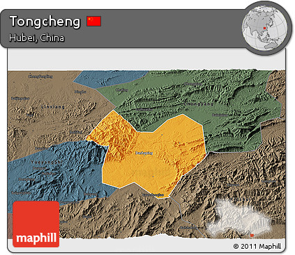 Political 3D Map of Tongcheng, darken, semi-desaturated