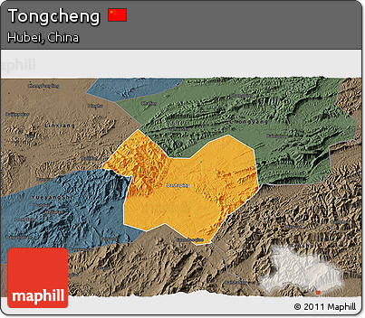 Political 3D Map of Tongcheng, darken, semi-desaturated