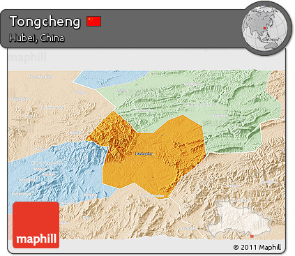 Political 3D Map of Tongcheng, lighten