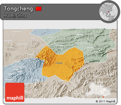 Political 3D Map of Tongcheng, lighten, semi-desaturated