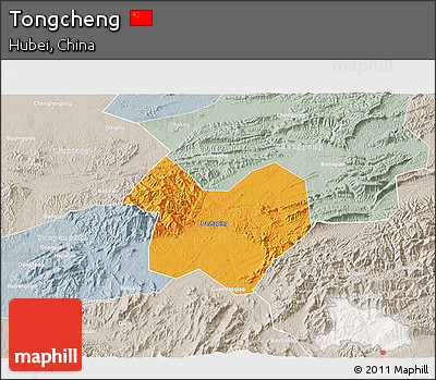 Political 3D Map of Tongcheng, lighten, semi-desaturated