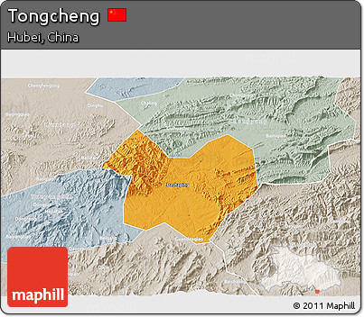 Political 3D Map of Tongcheng, lighten, semi-desaturated