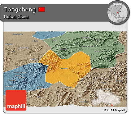 Political 3D Map of Tongcheng, semi-desaturated