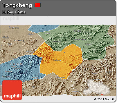 Political 3D Map of Tongcheng, semi-desaturated