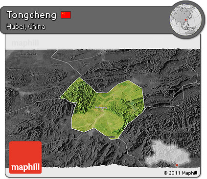 Satellite 3D Map of Tongcheng, darken, desaturated