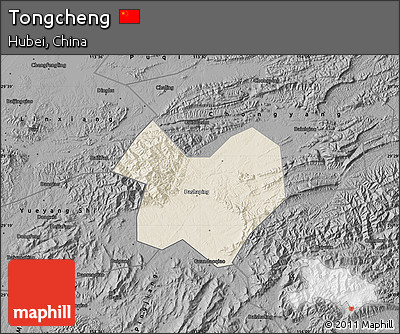 Shaded Relief Map of Tongcheng, darken, desaturated