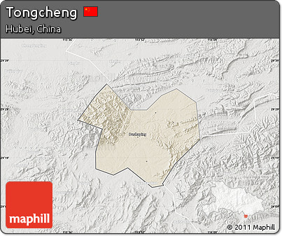 Shaded Relief Map of Tongcheng, lighten, semi-desaturated