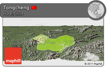 Physical Panoramic Map of Tongcheng, darken, semi-desaturated