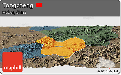 Political Panoramic Map of Tongcheng, darken, semi-desaturated