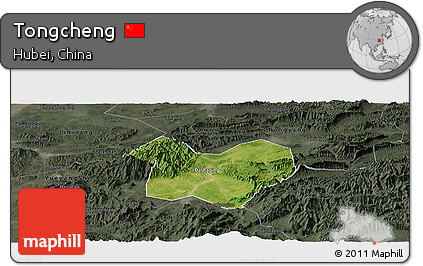 Satellite Panoramic Map of Tongcheng, darken, semi-desaturated
