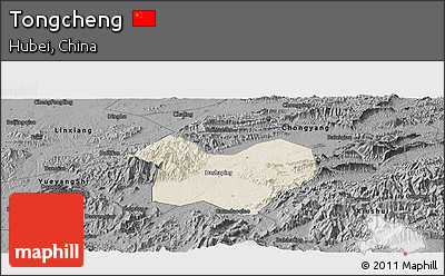 Shaded Relief Panoramic Map of Tongcheng, darken, desaturated