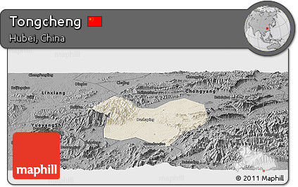 Shaded Relief Panoramic Map of Tongcheng, darken, desaturated