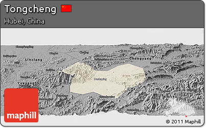 Shaded Relief Panoramic Map of Tongcheng, darken, desaturated