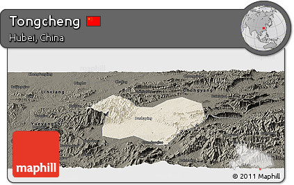 Shaded Relief Panoramic Map of Tongcheng, darken