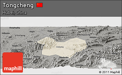 Shaded Relief Panoramic Map of Tongcheng, darken, semi-desaturated