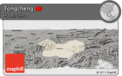 Shaded Relief Panoramic Map of Tongcheng, darken, semi-desaturated