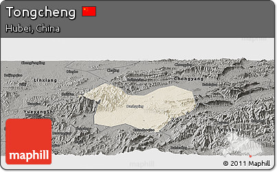 Shaded Relief Panoramic Map of Tongcheng, darken, semi-desaturated