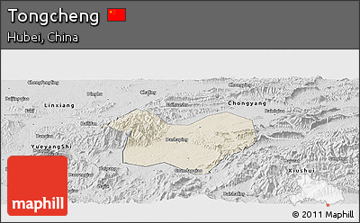 Shaded Relief Panoramic Map of Tongcheng, desaturated