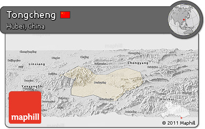 Shaded Relief Panoramic Map of Tongcheng, desaturated