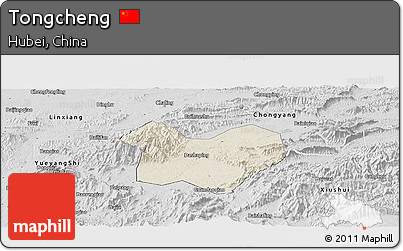 Shaded Relief Panoramic Map of Tongcheng, desaturated