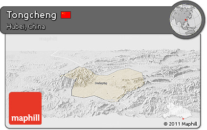 Shaded Relief Panoramic Map of Tongcheng, lighten, desaturated