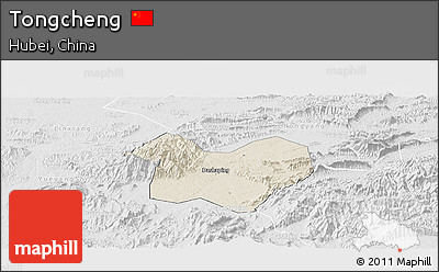 Shaded Relief Panoramic Map of Tongcheng, lighten, desaturated