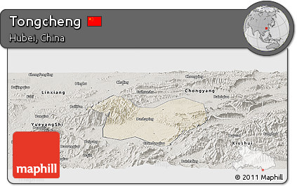Shaded Relief Panoramic Map of Tongcheng, semi-desaturated