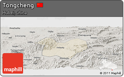 Shaded Relief Panoramic Map of Tongcheng, semi-desaturated