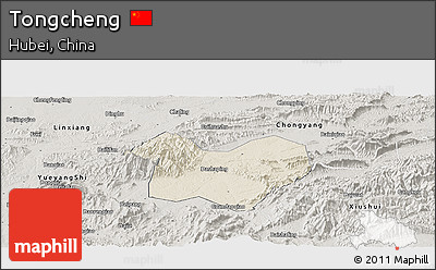 Shaded Relief Panoramic Map of Tongcheng, semi-desaturated