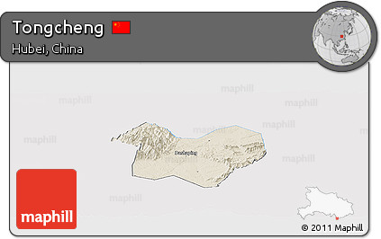 Shaded Relief Panoramic Map of Tongcheng, single color outside