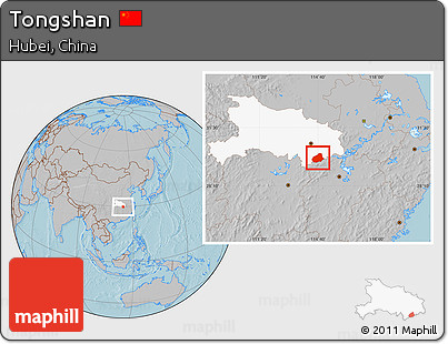 Gray Location Map of Tongshan, highlighted parent region, hill shading