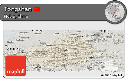 Shaded Relief Panoramic Map of Tongshan, semi-desaturated