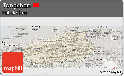 Shaded Relief Panoramic Map of Tongshan, semi-desaturated