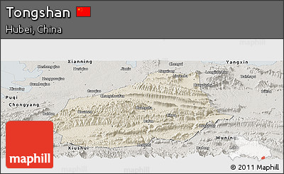 Shaded Relief Panoramic Map of Tongshan, semi-desaturated