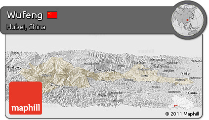 Shaded Relief Panoramic Map of Wufeng, desaturated