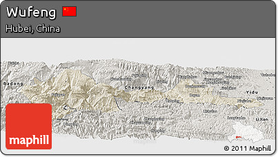 Shaded Relief Panoramic Map of Wufeng, semi-desaturated