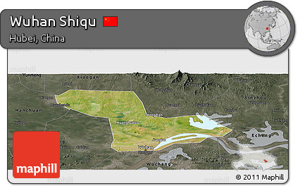 Satellite Panoramic Map of Wuhan Shiqu, darken, semi-desaturated