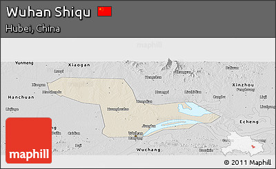Shaded Relief Panoramic Map of Wuhan Shiqu, desaturated