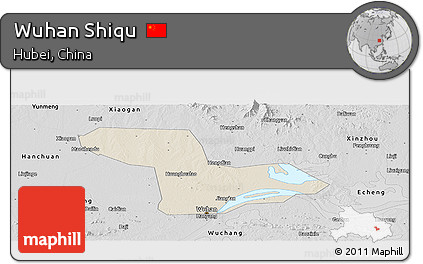 Shaded Relief Panoramic Map of Wuhan Shiqu, desaturated