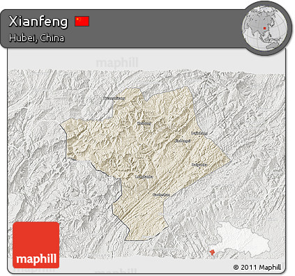 Shaded Relief 3D Map of Xianfeng, lighten, semi-desaturated