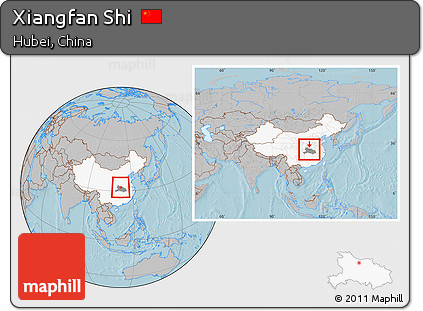 Gray Location Map of Xiangfan Shi, highlighted country, highlighted parent region, within the entire country, hill shading