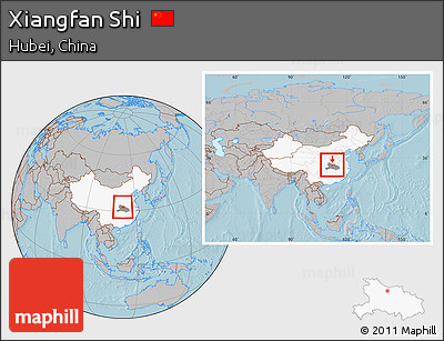 Gray Location Map of Xiangfan Shi, highlighted country, highlighted parent region, within the entire country, hill shading