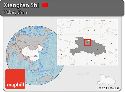 Gray Location Map of Xiangfan Shi, highlighted country, highlighted parent region, hill shading