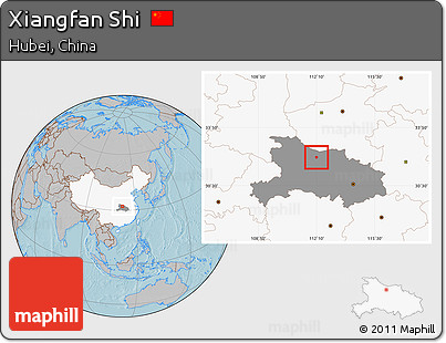 Gray Location Map of Xiangfan Shi, highlighted country, highlighted parent region, hill shading