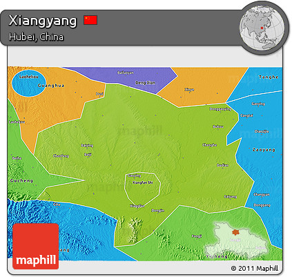 Physical 3D Map of Xiangyang, political outside