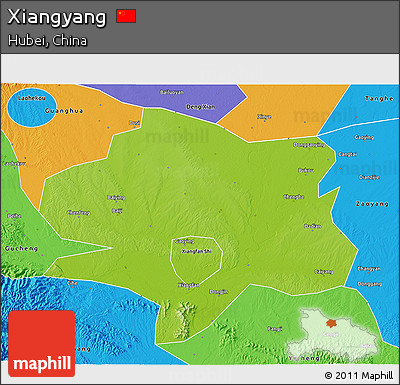 Physical 3D Map of Xiangyang, political outside
