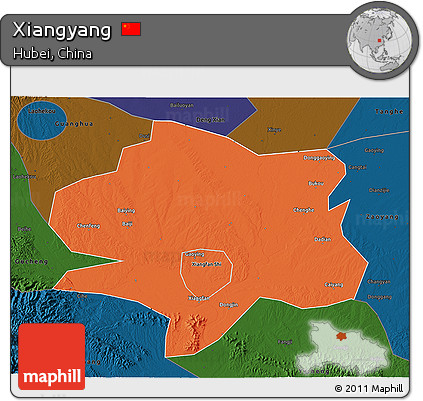 Political 3D Map of Xiangyang, darken