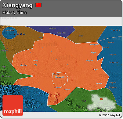 Political 3D Map of Xiangyang, darken