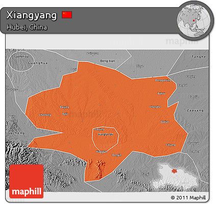 Political 3D Map of Xiangyang, desaturated