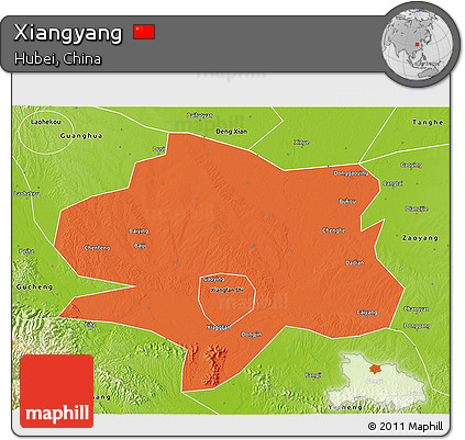 Political 3D Map of Xiangyang, physical outside